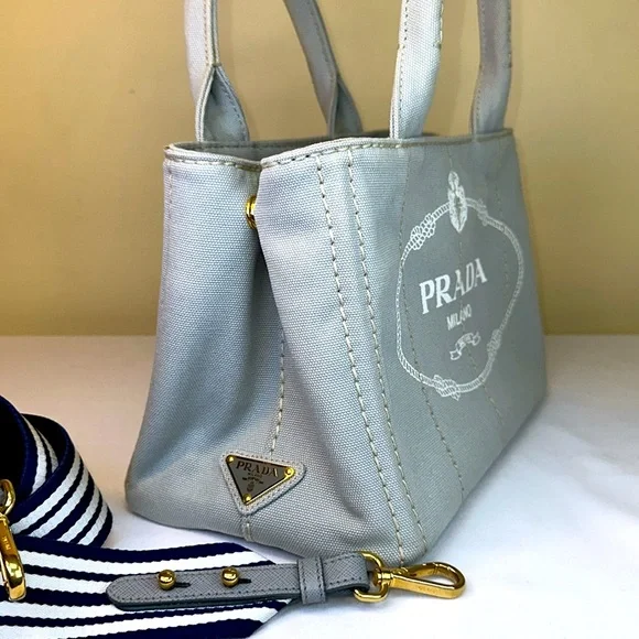 Prada Canapa RARE Slate Gray/Blue Small Tote Original Strap w/ COA - Picture 5 of 15